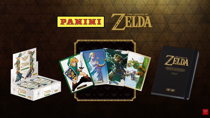 Promotional artwork for 'PANINI THE LEGEND OF ZELDA' trading cards and Master Collection, showing Link, Princess Zelda, and other characters on the card art.