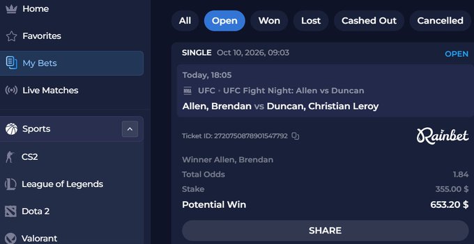 A screenshot of the Rainbet betting interface displaying an open single bet on a UFC Fight Night: Allen vs Duncan match, showing a potential win of $653.20 on a $355 stake.