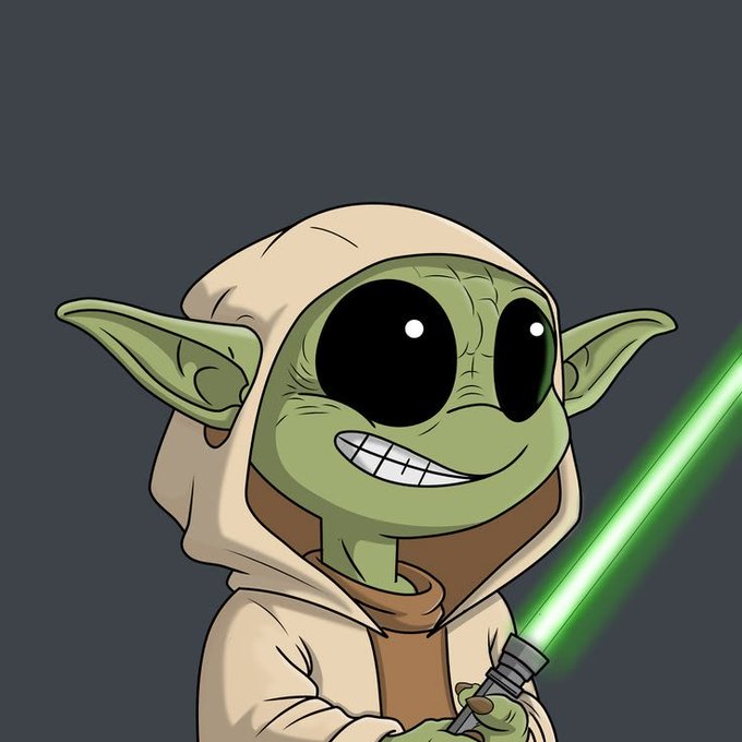 Cartoon illustration of a green-skinned alien character resembling Yoda wearing a beige hooded robe and wielding a glowing green lightsaber.