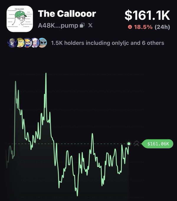 The image shows a cryptocurrency price chart for "The Callooor" (ticker A48K...pump) displaying a current market cap of $161.1K with an 18.5% gain over 24 hours, held by 1.5K holders including onlyjic and 6 others. The chart depicts extreme volatility with sharp peaks and significant dips, illustrating the highly speculative nature of this meme coin being promoted as "the next" $CALLOOOR.