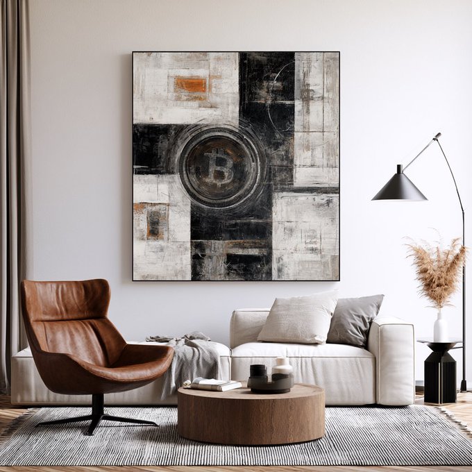 A modern living room features a brown leather chair, a beige sofa, a wooden coffee table, and a large abstract artwork on the wall containing a Bitcoin symbol.