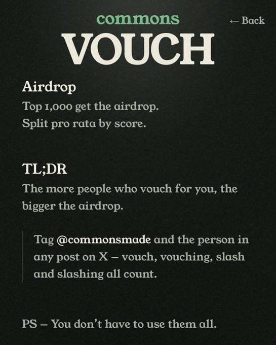 A 'commons VOUCH' page explaining an Airdrop system where 'Top 1,000 get the airdrop. Split pro rata by score' and instructing users to 'Tag @commonsmade'.