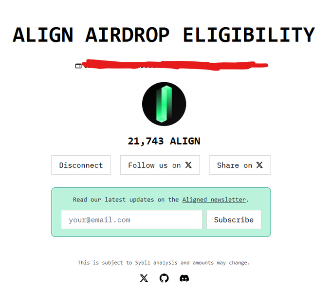 An airdrop eligibility screenshot showing an allocation of 21,743 $ALIGN tokens, with the wallet address redacted for privacy, matching the poster's claim of receiving that exact amount on their Mina staking wallet.