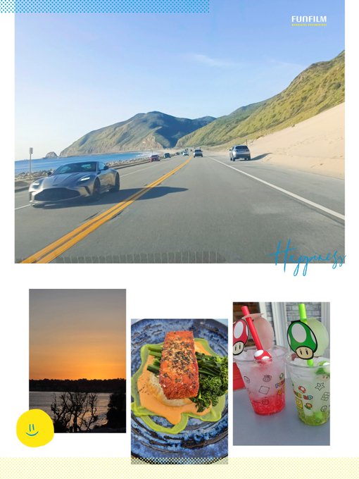 A collage of vacation photos featuring a coastal highway drive, a sunset, a plated salmon dish, and Super Mario-themed drinks, watermarked with "FUNFILM".