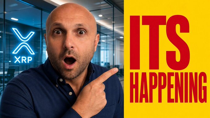 A shocked-looking man points at an XRP logo in a glass-walled office, alongside bold red text on a yellow background reading "ITS HAPPENING," visually amplifying the post's claim that Senate leadership has shifted from tentative to definitive language about an upcoming vote—language the poster interprets as a strong signal for XRP holders.