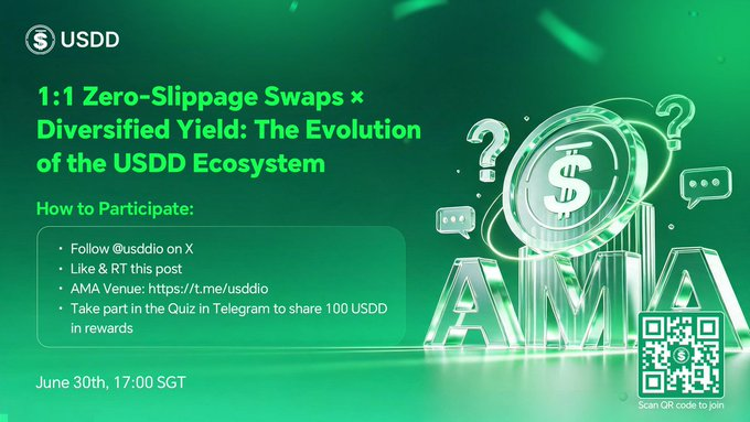 A promotional graphic for USDD features the headline "1:1 Zero-Slippage Swaps × Diversified Yield: The Evolution of the USDD Ecosystem," with an AMA scheduled for June 30th at 17:00 SGT and a QR code for joining. The post highlights zero-slippage architecture as the mechanism maintaining USDD's peg stability, tying directly to the image's emphasis on 1:1 swaps and the AMA discussion of the ecosystem's underlying technology.