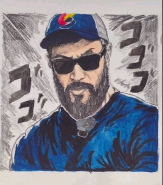 A hand-drawn colored illustration of Toly wearing a cap and sunglasses, accompanied by Japanese onomatopoeia text resembling "ゴゴゴ" (a menacing "menacing aura" sound effect from manga), referencing his role in creating Solana's Proof of History consensus mechanism.