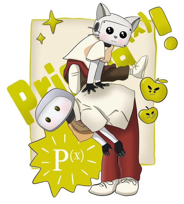 An anime-style illustration of a cat-like character in a white shirt and red pants performing a trick while balancing a robotic head on their foot, with the word 'Principle!' and a P(x) symbol in the background.