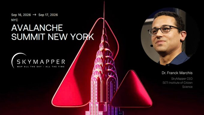 A promotional banner for 'Avalanche Summit New York' by Skymapper taking place Sep 16-17, 2026, featuring a photo of Dr. Franck Marchis, CEO of Skymapper and SETI Institute of Citizen Science, against a red-lit skyscraper backdrop.