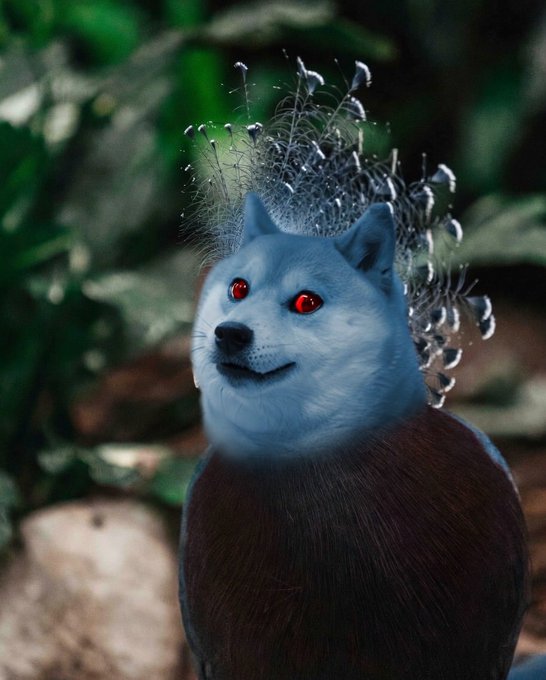 A surreal edited image of a dog with a blue and red coloring wearing a jeweled crown.