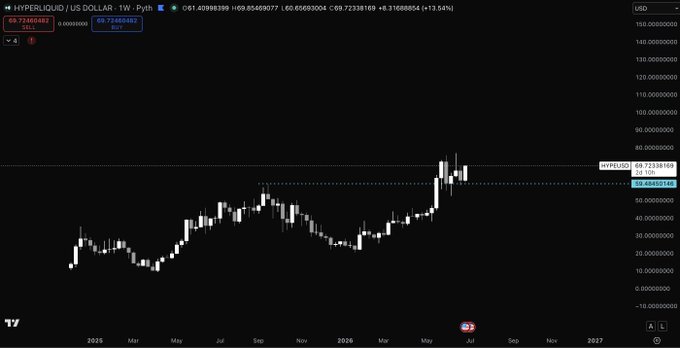 A weekly candlestick chart of **HYPERLIQUID / US DOLLAR (HYPE/USD)** displayed on TradingView, showing a strong uptrend with the price at approximately **69.72** (+13.54%), marking a sharp rally from lows around 10-20 in early 2025 to current highs near 70. The chart visually supports the post's bullish thesis on Hyperliquid, illustrating the kind of explosive price action that would justify buying call options to capitalize on continued momentum.