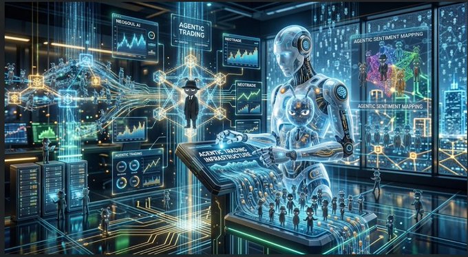 A futuristic AI illustration featuring a white robot at a console with holographic displays labeled 'AGENTIC TRADING', 'NEGOTIAGE', and 'AGENTIC SENTIMENT MAPPING'.