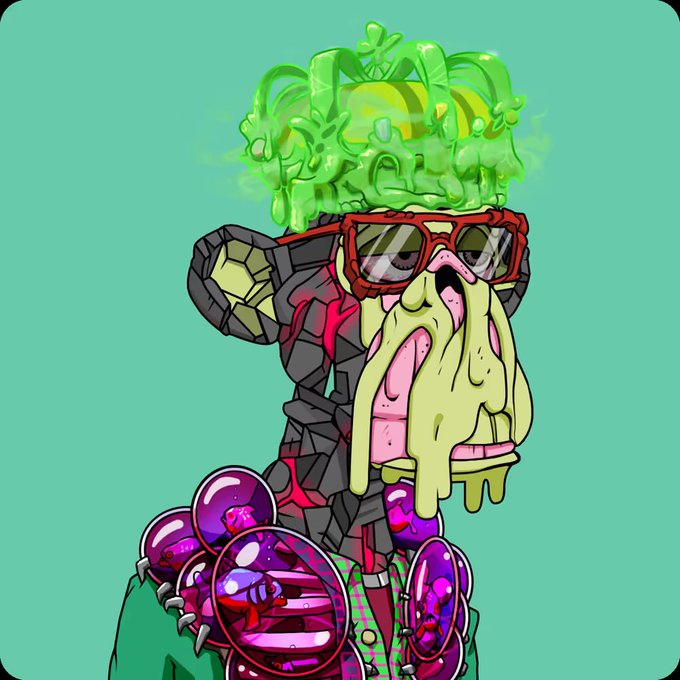 A colorful, stylized illustration of a character with a skeletal/jaw face dripping green slime, wearing red sunglasses, against a green background.