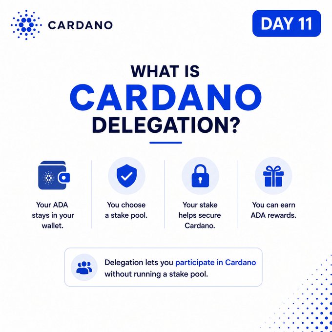 An infographic titled 'WHAT IS CARDANO DELEGATION?' (Day 11) explaining that users' ADA stays in their wallet, they choose a stake pool, their stake helps secure Cardano, and they can earn ADA rewards through delegation without running a stake pool.