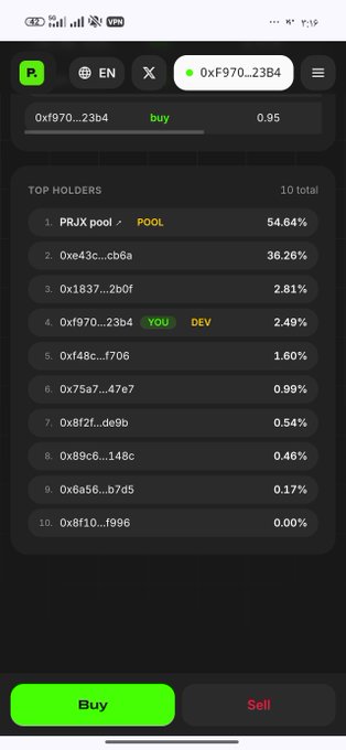 A screenshot of a cryptocurrency trading app showing the token '0xf970...23B4' with top holders including 'PRJX pool' at 54.64% and a 'Buy' option displayed in green.