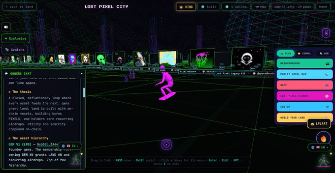 A screenshot of a virtual world interface titled 'LOST PIXEL CITY' showing a neon pink avatar in a wireframe 3D environment, with chat and control panels on the sides.
