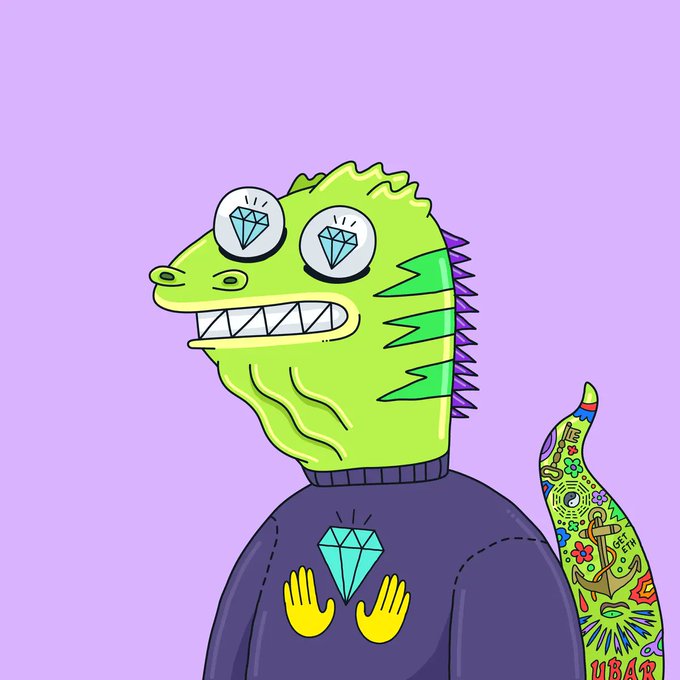 An illustration of a green, lizard-like creature with diamond-shaped eyes, wearing a purple shirt and holding a gem.