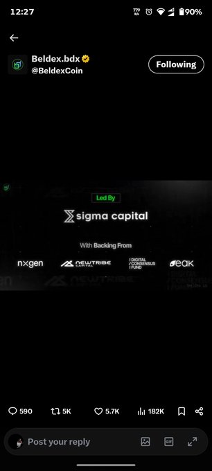 A post from @BeldexCoin ($BDX) showcasing its funding backing, led by Sigma Capital with additional support from NXGen, DexvTribe, I.DOTA Ventures Fund, and CAK, aligning with the post's announcement of new investment from Sigma VC and other investors to support Beldex's privacy-focused execution and adoption.