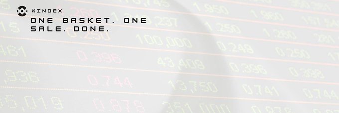 The image displays the XINDEX logo and tagline "ONE BASKET. ONE SALE. DONE." overlaid on a faded stock ticker background showing various prices and numbers like 1.250, 0.744, and 100.000. The ticker background visually reinforces the post's message of consolidating multiple stocks into a single tradable basket token, replacing the clutter of individual stock prices with one unified asset.