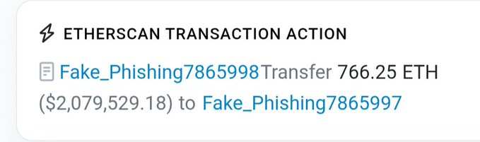 An Etherscan transaction action notification showing 'Fake_Phishing7865998' transferring 766.25 ETH ($2,079,529.18) to 'Fake_Phishing7865997'.