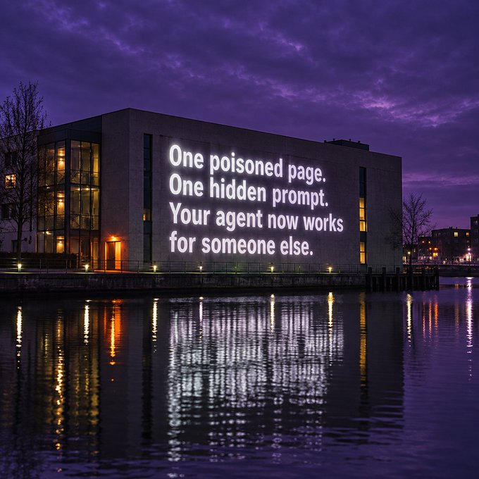 A building at night features illuminated text reading "One poisoned page. One hidden prompt. Your agent now works for someone else." reflected in the water below.