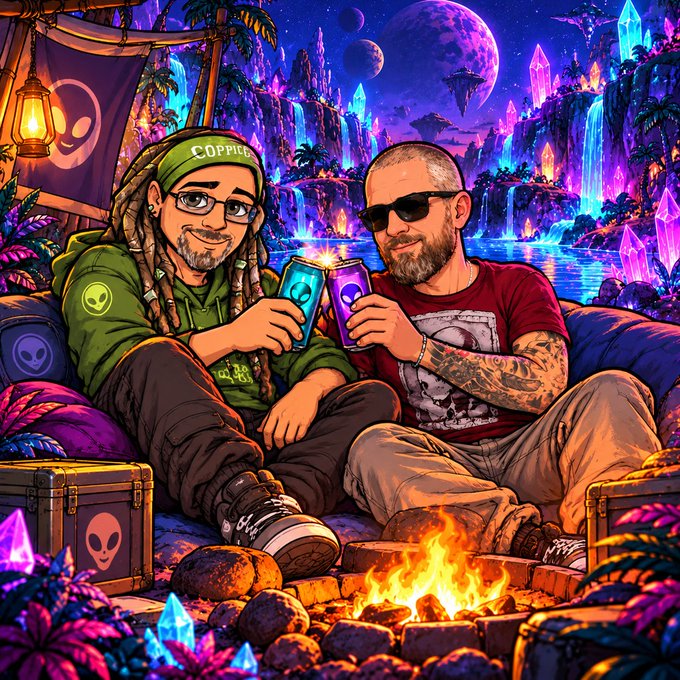 A vivid fantasy illustration shows two men relaxing by a campfire and raising glowing phones, with crystals, waterfalls, alien planets, and a cap labeled “COPPICE.”