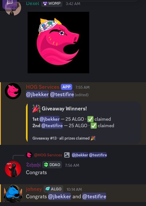 A Discord screenshot showing a HOG Services giveaway announcement where @jbekker and @testfire won 25 ALGO each (all prizes claimed), with congratulatory messages from Tehmli and Johney, and a pink hog avatar at the top.