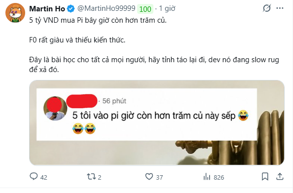 A tweet by Martin Ho (@MartinHo99999) shares a screenshot of a comment stating "5 tỷ vào Pi giờ còn hơn trăm củ này sếp," captioning it with a warning about FOMO and risk management after watching someone's 5 billion VND Pi investment shrink to barely over 100 million. The post uses this example to caution against letting dreams of "changing one's life" turn into costly lessons.