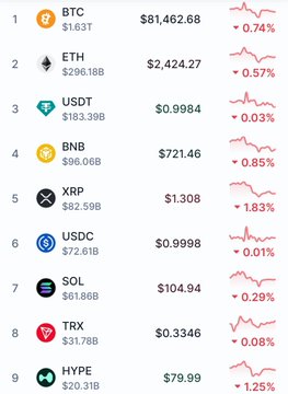 A cryptocurrency price list showing BTC at $81,462.68 (-0.74%), ETH at $2,424.27 (+0.57%), USDT at $0.9984, BNB at $721.46 (+0.85%), XRP at $1.308 (-1.83%), USDC, SOL at $104.94, TRX, and HYPE at $79.99 (-1.25%).