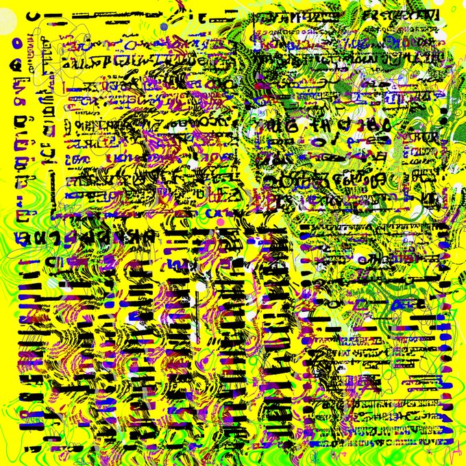 A chaotic, glitch-art style digital image dominated by bright yellow and green colors with distorted black and purple text-like patterns and abstract wavy lines.