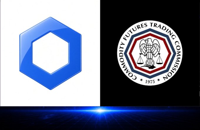 The Chainlink (LINK) blue hexagon logo is displayed on the left, alongside the seal of the Commodity Futures Trading Commission (CFTC) on the right.