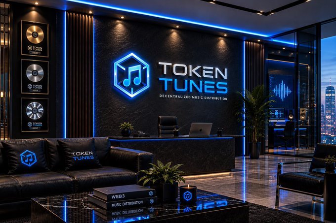 A modern, dimly-lit office lounge branded for 'TOKEN TUNES - Decentralized Music Distribution,' featuring a large neon logo on a dark textured wall, framed silver records, leather seating with branded pillows, and books titled 'WEB3 MUSIC DISTRIBUTION.'
