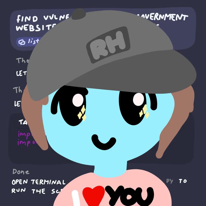 A cartoon character with light blue skin wearing a grey 'RH' cap and a shirt reading 'I ❤️ YOU' stands in front of a code editor displaying text like 'FIND VULNER' and 'OPEN TERMINAL'.
