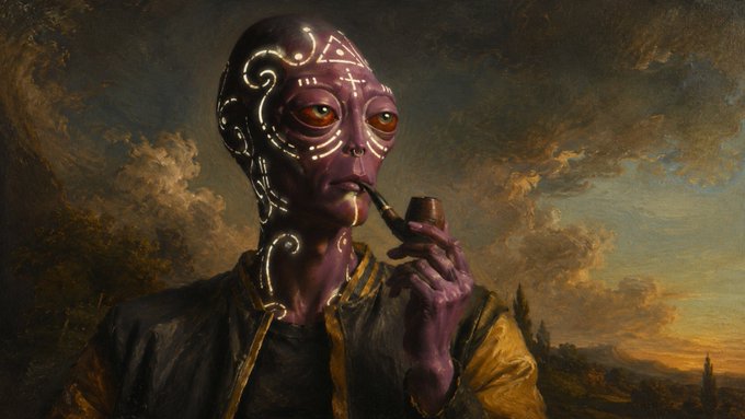 An artistic painting depicting a purple alien-like humanoid figure with white markings on their face and neck, wearing dark robes and smoking a pipe, set against a cloudy sky background.