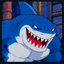 An illustrated character of an anthropomorphic blue shark with a menacing grin showing sharp teeth, appearing to be from a mobile game.