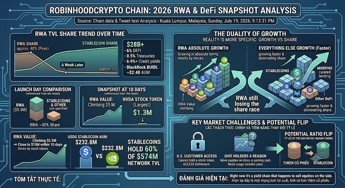 The image is an infographic titled "ROBINHOODCRYPTO CHAIN: 2026 RWA & DeFi SNAPSHOT ANALYSIS" dated Sunday, July 19, 2026, from Kuala Lumpur, Malaysia, detailing that RWA accounts for 40% of Robinhood Crypto Chain's $5.5M launch day TVL but has dropped below 10%, while stablecoins now dominate with 60% market share ($232.8M out of $574M total network TVL), as growth from stablecoins and Morpho's lending pools outpace the RWA share despite RWA still climbing to ~$28B+.