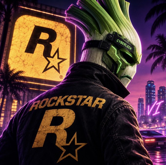 Digital artwork of a character with green leek-like hair and a cybernetic visor reading "CYBERLEEK," wearing a jacket with the Rockstar Games "R" logo, set against a city skyline.