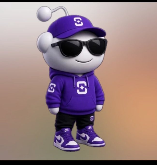 A 3D-rendered white mascot character wears a purple cap, sunglasses, hoodie, and sneakers, all featuring a logo with an arrow and plus sign design.