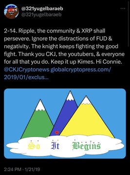 This image is a screenshot of a tweet that mentions "CKJ" and "globalcryptopress.com", with a cartoon rendition of three colored mountains with clouds below them that say "So It Begins".