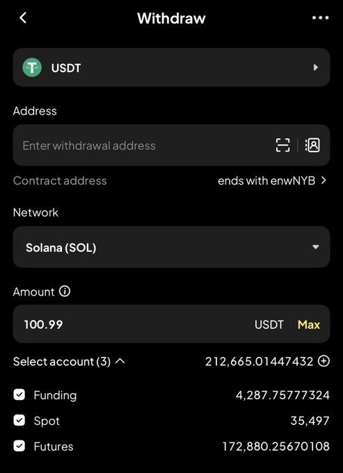 A "Withdraw" screen shows a $100.99 USDT withdrawal being set up to a Solana address, with balances across Funding (4,287.75), Spot (35,497), and Futures (172,880.25) accounts. The image appears to illustrate the giveaway poster preparing to send small USDT transfers on Solana to followers who drop their wallet addresses.
