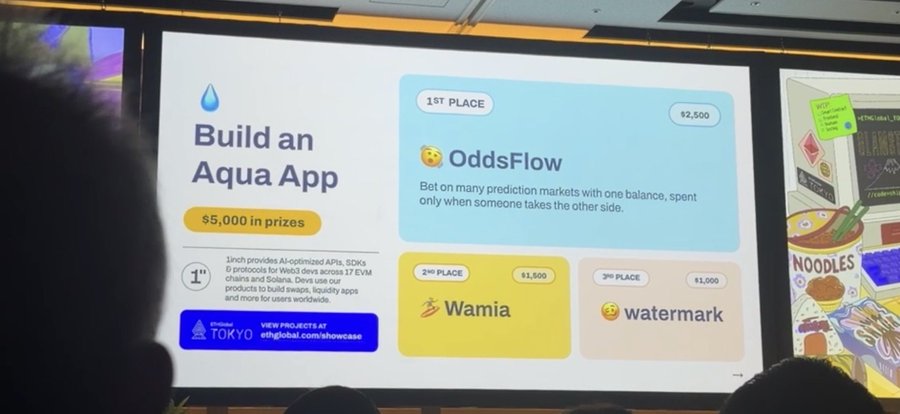 A presentation slide announces an 'Build an Aqua App' hackathon with $5,000 in prizes, highlighting 1st place winner 'OddsFlow' ($2,500), 2nd place 'Wamia' ($1,500), and 3rd place 'watermark' ($1,000) at the ethglobal Tokyo showcase.