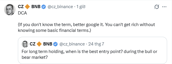 A tweet from CZ @cz_binance explaining 'DCA' (Dollar Cost Averaging) in response to a previous question about the best entry point for long term holding during bull or bear markets.