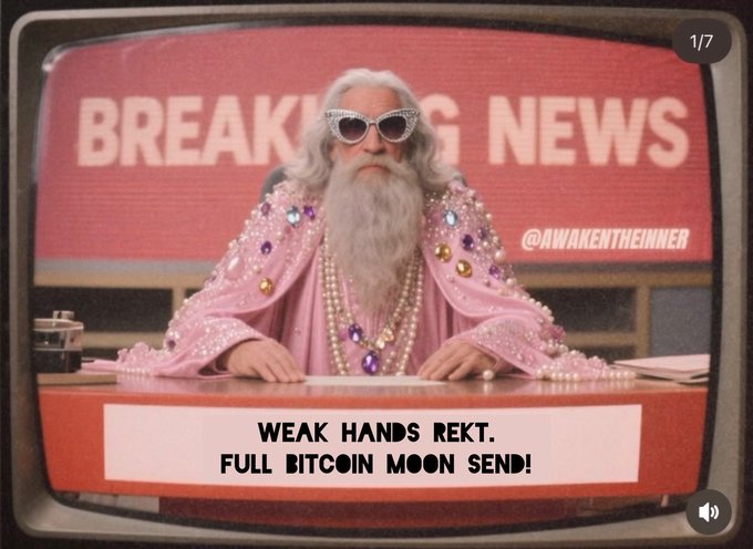 A retro TV screen shows a man dressed as a flamboyant prophet in pink robes and jeweled sunglasses at a news desk, with the headline 'WEAK HANDS REKT. FULL BITCOIN MOON SEND!' and the handle '@AWAKENTHEINNER'.