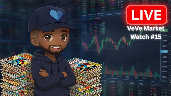 The image features a cartoon character wearing a blue baseball cap, standing next to stacks of comic books. The caption reads "I'LL BE LIVE FOR VeVe Market Watch #15 @ 6:30pm EST - I'M BUYING COMICS - Solo Leveling Bounty - Where are the drops? - A look into VeVerank ( @SleepynComics Site)". This image is related to a post about a comic book market, where the cartoon character represents a collector or enthusiast. The post also includes a link to a website for VeVe Market Watch, which provides information and updates on the secondary comic book market.
