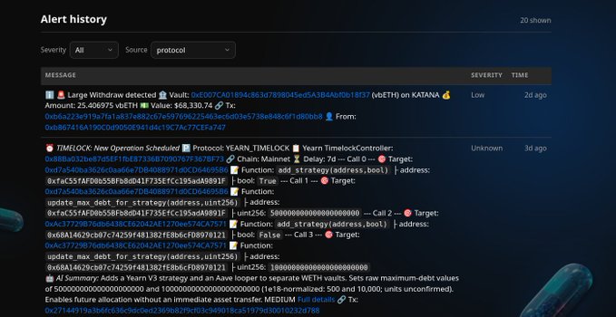 A dark dashboard screen showing "Alert history" with a severity filter and a list of messages including a "Large Withdraw detected ⚠️ Vault" on KATANA and a "⚠️ TIMELOCK: New Operation Scheduled" for Yearn TimelockController, with timestamps like "3d ago" and "7d ago."