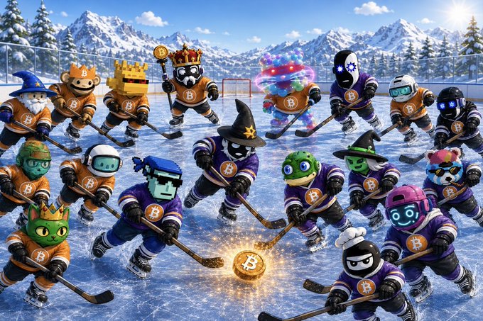 Illustration of various cryptocurrency mascots, including Dogecoin and Bitcoin characters, playing ice hockey on a frozen rink.