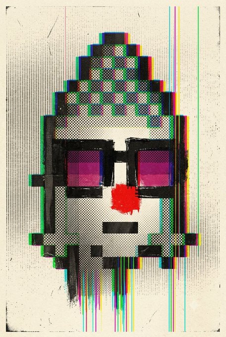 A pixelated, glitch-art style portrait of a figure with a top knot, wearing black glasses with purple lenses and a red mark on the cheek, rendered with chromatic aberration effects.