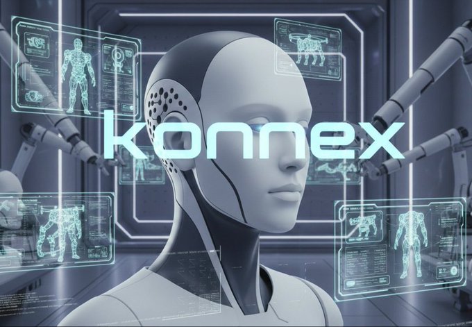 Futuristic graphic featuring a humanoid robot head surrounded by holographic displays showing body and dog schematics, with the 'konnex' logo overlaid.