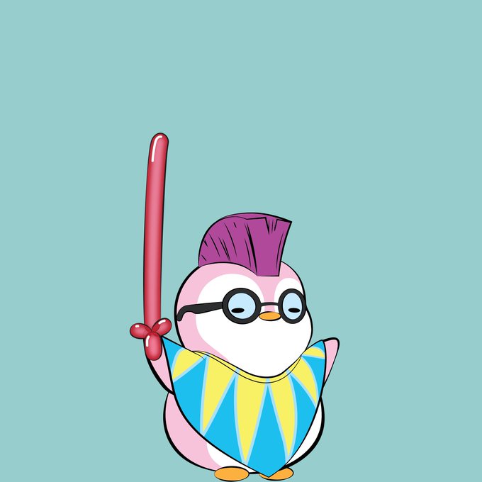 A cartoon penguin with a purple mohawk, glasses, and a blue-yellow scarf holding a red balloon sword against a teal background.