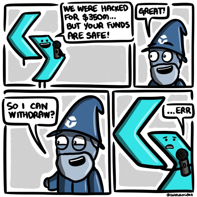 A four-panel comic by BebLeonidas featuring a KuCoin logo mascot announcing a $350M hack, a wizard character, and dialogue reading 'SO I CAN WITHDRAW?' and '...ERR'.